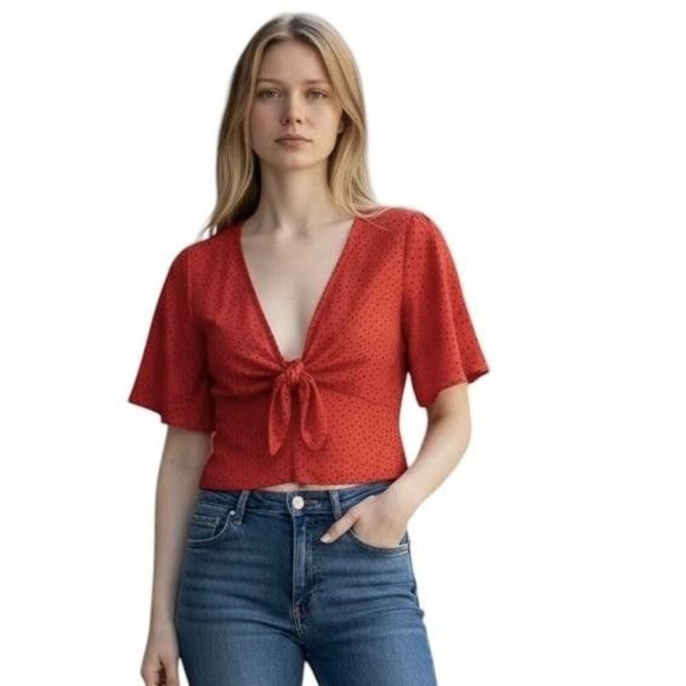 Abercrombie & Fitch Blouse Womens XS Red Polka Dot V-Neck Tie Front Cropped Top